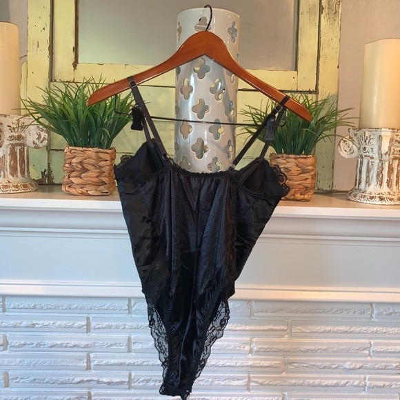 Emil Bole Vintage Black Satin and Lace Plunging Bust High Cut Sexy Teddy Large - Picture 6 of 7